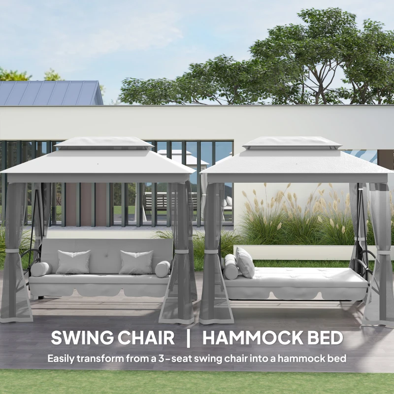 Outsunny 3 Person Outdoor Patio Daybed, 3 in 1 Canopy Gazebo Swing Chair Garden Hammock with Mesh Mosquito and Sun Shade, Grey