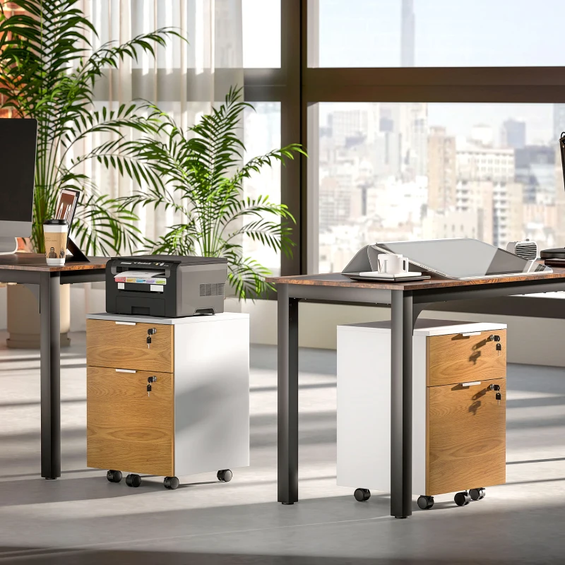 HOMCOM 2 Drawer Small Filing Cabinet Lockable Office Storage Cabinet with Hanging Bars for A4 Letter White Nature Wood