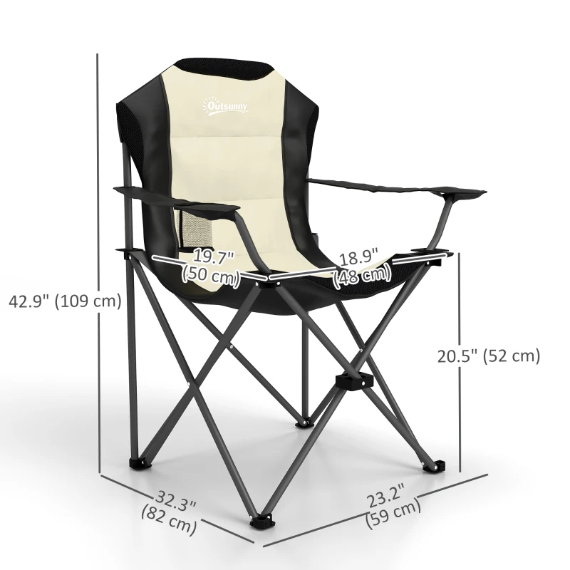 Outsunny 2 Pack Folding Camping Chairs, High Back Folding Chairs w/ Cup Holder, Padded Camping Chairs for Outdoor Events, Cream
