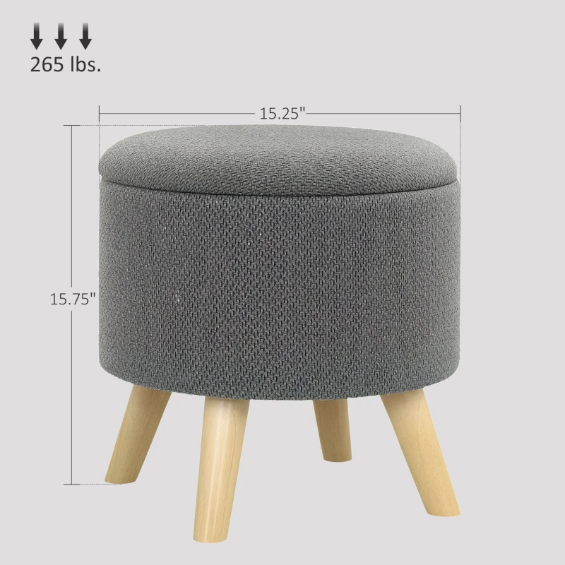HOMCOM Round Ottoman Stool with Storage, Linen Upholstered Foot Stool with Padded Seat, Hidden Space and Wood Legs, Gray
