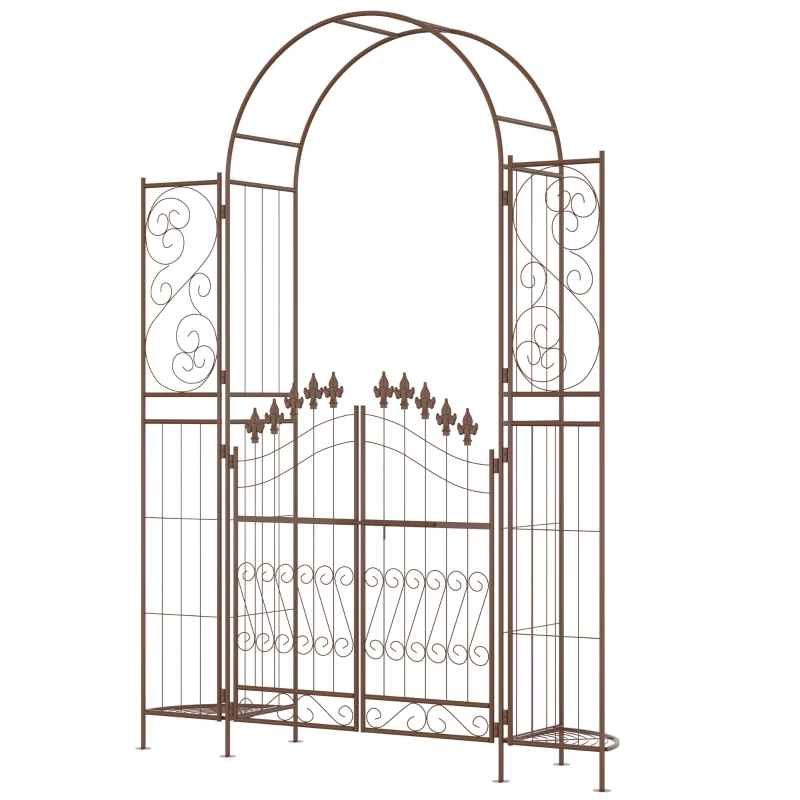 Outsunny 7' Metal Garden Arbor, Garden Arch with Gate, Fleur De Lis Motif, Latching Doors, Planter Shelves for Climbing Vines, Ceremony, Weddings, Party, Garden, Backyard, Lawn, Brown