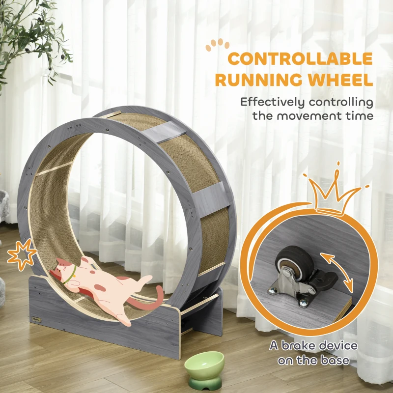 PawHut 36" Cat Wheel for Indoor Cats with Brake, Scratching Pads, Grey