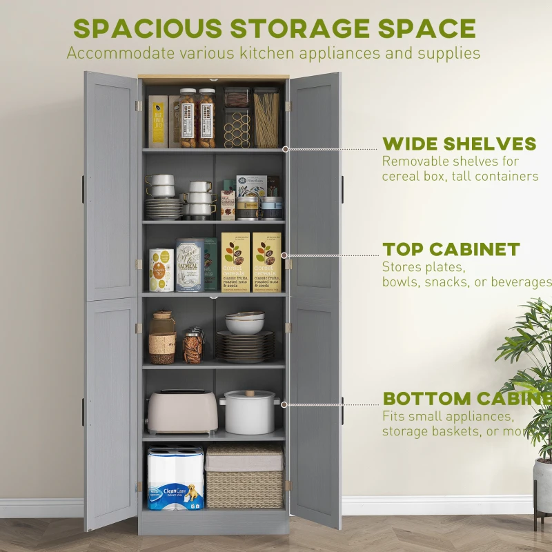 HOMCOM Freestanding Kitchen Pantry, 4-Door Kitchen Pantry Cabinet with Adjustable Shelves and Doors, Distressed White
