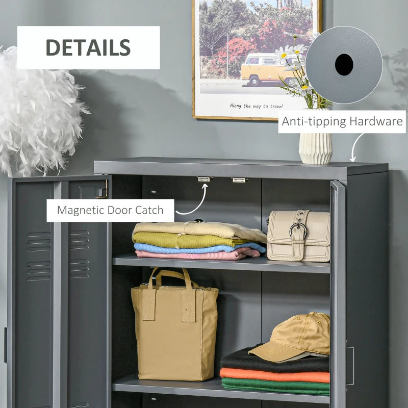 HOMCOM Industrial Storage Cabinet, Steel Garage Cabinet with Double Doors and Adjustable Shelves, Gray