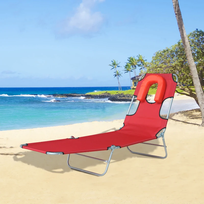 Outsunny Outdoor Lounge Chair, Adjustable Folding Chaise Lounge with Face Cavity, Tanning Chair Sun Lounger Bed Recliner, Red