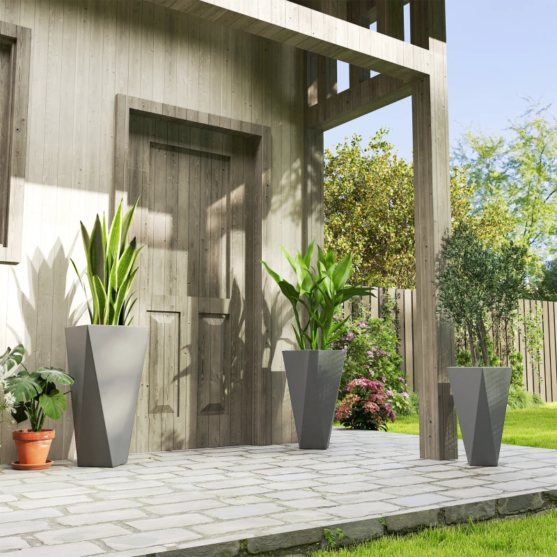 Outsunny Indoor Outdoor Planters Set of 3 MgO Tall Planters Stackable Flower Pots with Drainage Holes for Garden, Balcony, Alt Gray