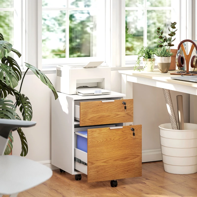 HOMCOM 2 Drawer Small Filing Cabinet Lockable Office Storage Cabinet with Hanging Bars for A4 Letter White Nature Wood