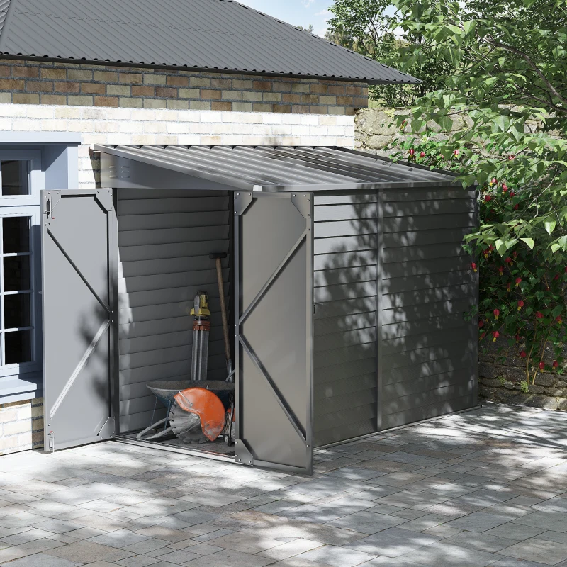 Outsunny 4.6' x 9' Outdoor Storage Shed, Lean to Metal Shed with Foundation Kit, Lockable Doors and Gloves for Patio, Lawn, Gray(m-10)