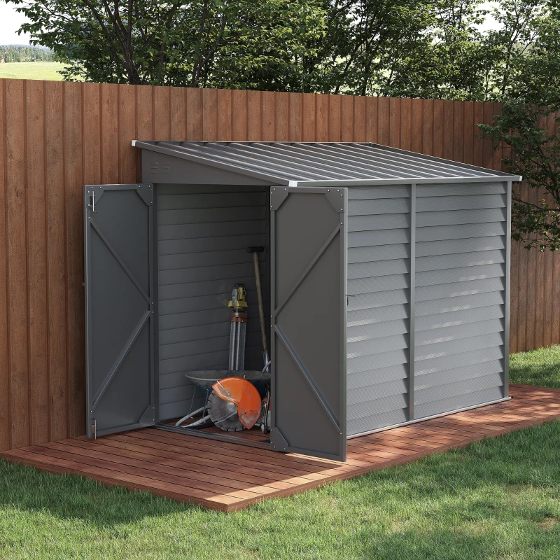 Outsunny 4.6' x 9' Outdoor Storage Shed, Lean to Metal Shed with Foundation Kit, Lockable Doors and Gloves for Patio, Lawn, Gray(m-2)