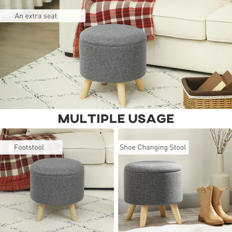 HOMCOM Round Ottoman Stool with Storage, Linen Upholstered Foot Stool with Padded Seat, Hidden Space and Wood Legs, Gray