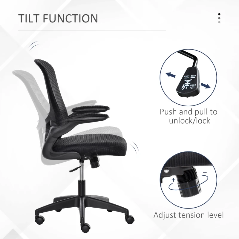 Vinsetto Mesh Office Chair, Swivel Desk Chair with Lumbar Back Support, Adjustable Height, Flip-Up Arm, Black