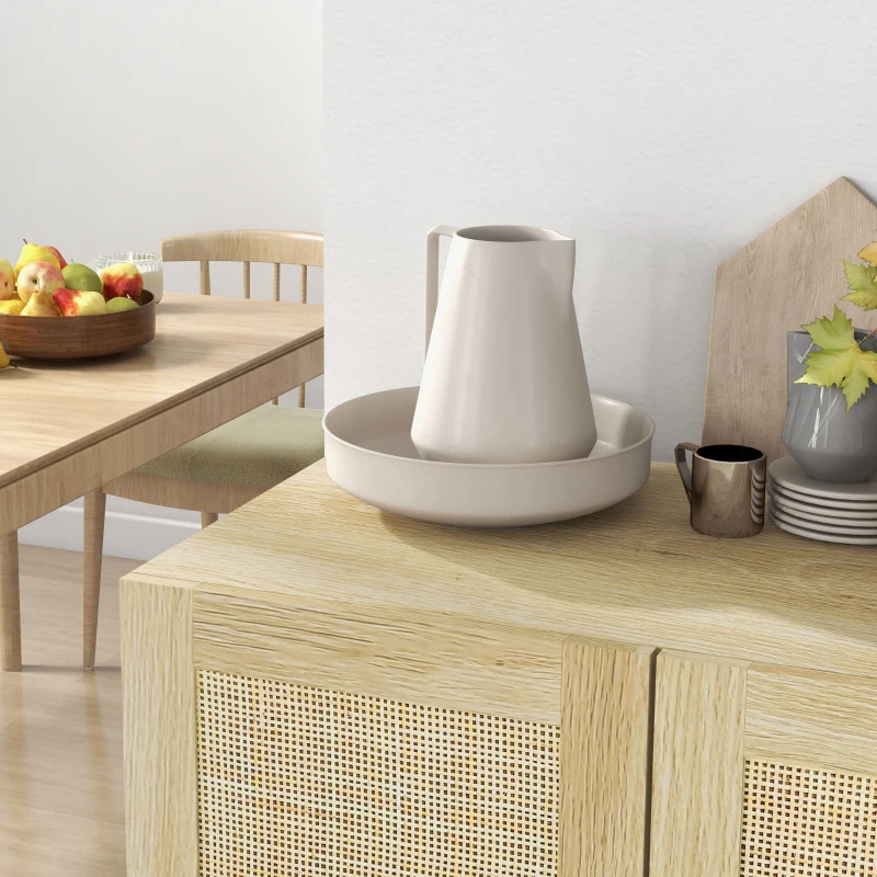 HOMCOM Boho Kitchen Cabinet, Buffet Cabinet with 2 Rattan Doors and Adjustable Shelves for Dining Room, Natural