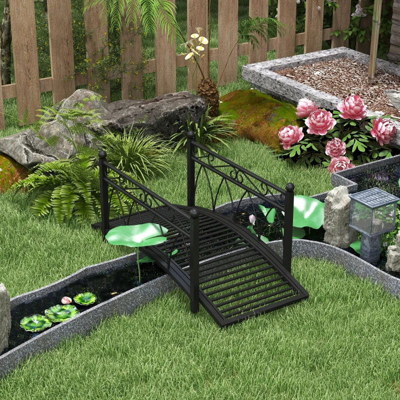 Outsunny 3.3' Metal Arch Zen Garden Pond Bridg with Safety Siderails for Stream, Fish Pond, Black