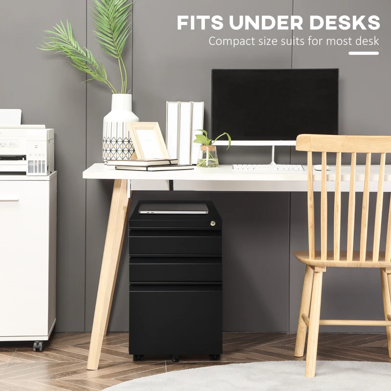 Vinsetto 3 Drawer Filing Cabinet, Lockable Office Storage Cabinet on Wheels for Legal, Letter, A4 Files, Black