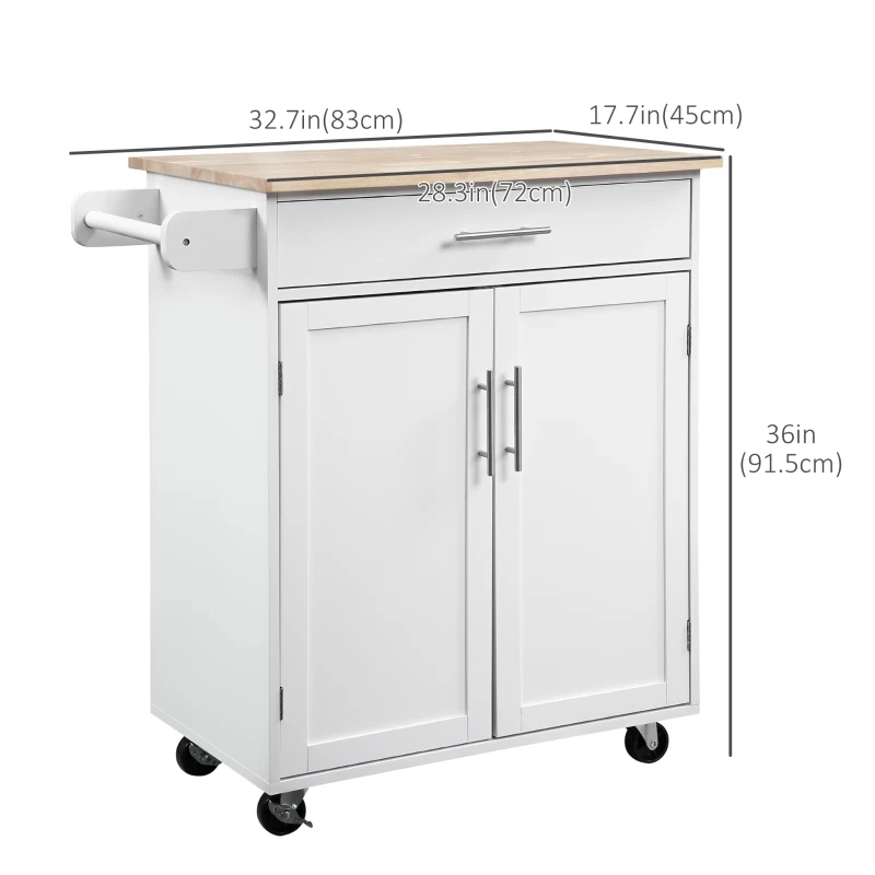 HOMCOM Kitchen Trolley Mobile Kitchen Island on Wheels Serving Cart Wooden Storage w/ Drawer and Towel Bar White