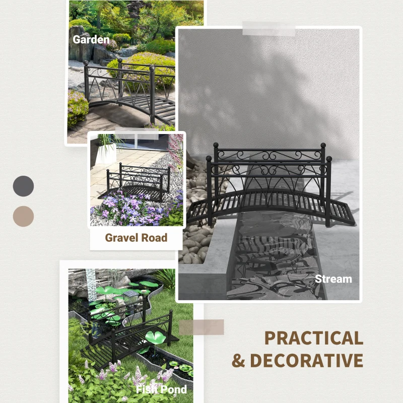 Outsunny 3.3' Metal Arch Zen Garden Pond Bridg with Safety Siderails for Stream, Fish Pond, Black