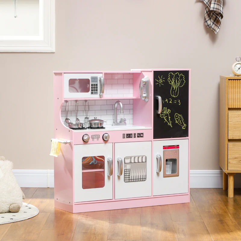 Qaba Pretend Play Kitchen, Kids Kitchen Playset with Play Phone, Chalkboard, Towel Rack & Ice Maker for 3-8 Years Pink