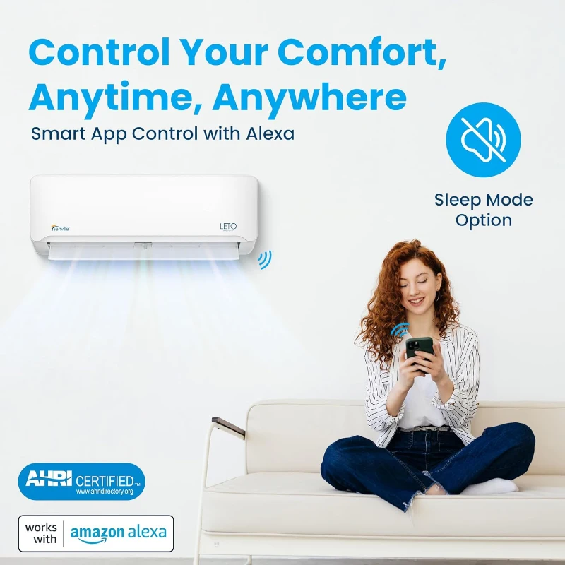 Senville 9000 BTU LETO Series Mini Split Air Conditioner with Heat Pump, Inverter, Alexa Compatibility, Installation Kit Included, White