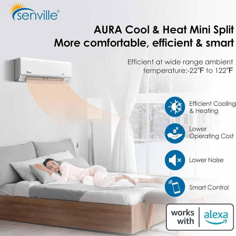 Senville 33000 BTU AURA Mini Split Air Conditioner Inverter Heat Pump, Energy Star Certified, Alexa Compatible, 33" L x 12.5" W x 27" H, White