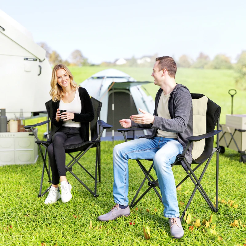 Outsunny 2 Pack Folding Camping Chairs, High Back Folding Chairs w/ Cup Holder, Padded Camping Chairs for Outdoor Events, Cream