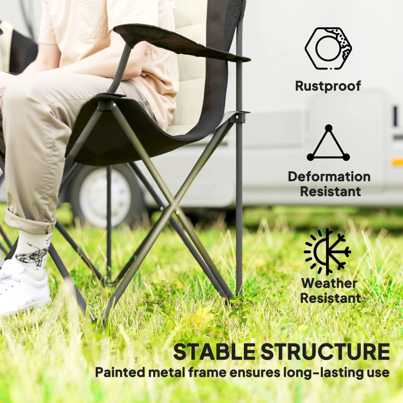 Outsunny 2 Pack Folding Camping Chairs, High Back Folding Chairs w/ Cup Holder, Padded Camping Chairs for Outdoor Events, Cream