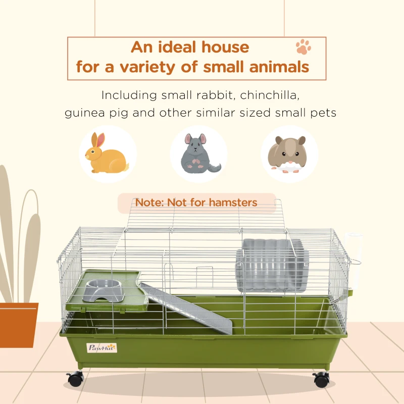 PawHut Small Animal Cage, Rolling Bunny Cage, Guinea Pig Cage with Food Dish, Water Bottle, Hay Feeder, Platform, Ramp, Green