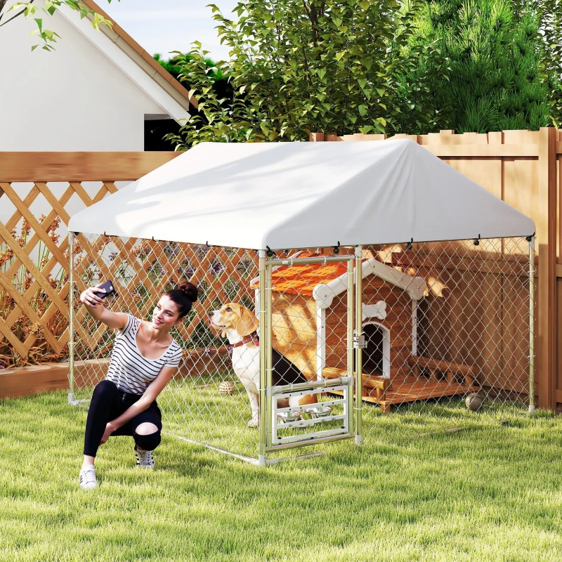 PawHut Outdoor Dog Run w/ Adjustable & Rotating Bowls, Waterproof UV-Resistant Cover, Secure Lock, 6.6' x 6.6' x 5.1'