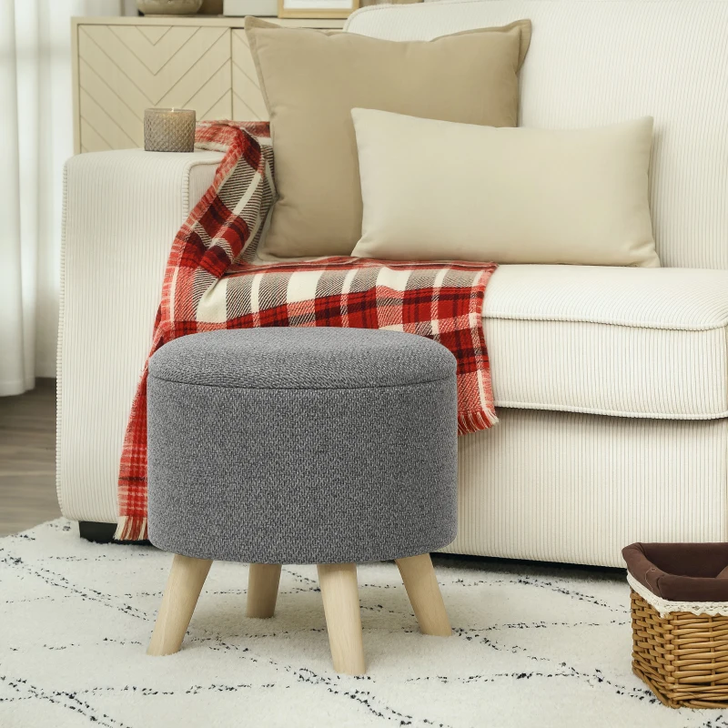 HOMCOM Round Ottoman Stool with Storage, Linen Upholstered Foot Stool with Padded Seat, Hidden Space and Wood Legs, Gray