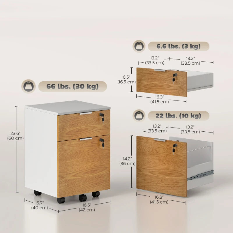 HOMCOM 2 Drawer Small Filing Cabinet Lockable Office Storage Cabinet with Hanging Bars for A4 Letter White Nature Wood