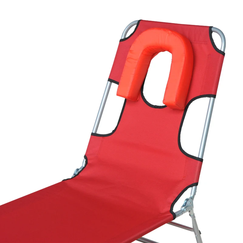 Outsunny Outdoor Lounge Chair, Adjustable Folding Chaise Lounge with Face Cavity, Tanning Chair Sun Lounger Bed Recliner, Red