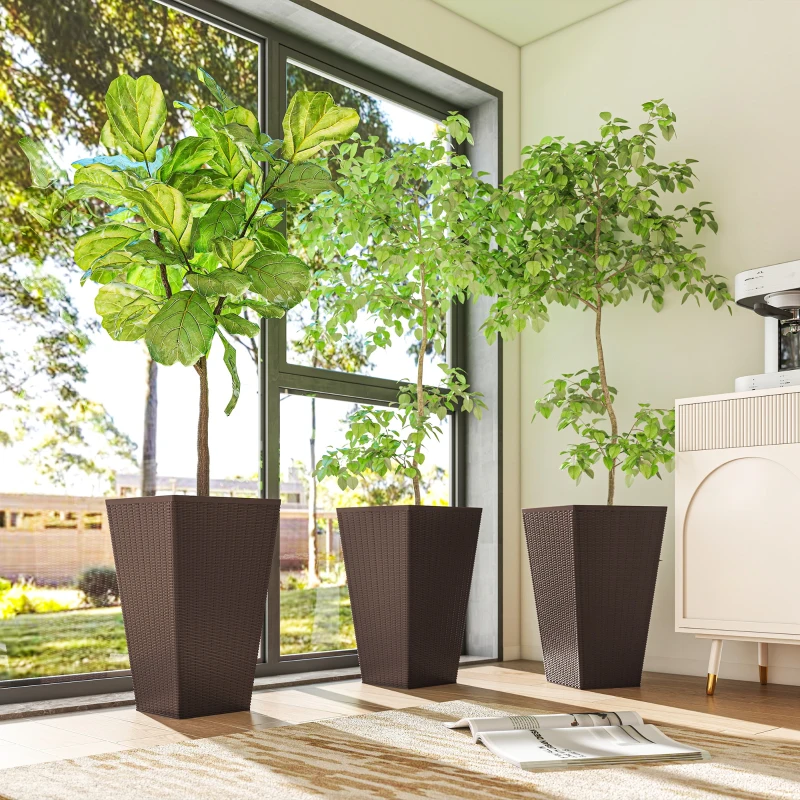 Outsunny Set of 3 Tall Planters with Drainage Hole, 24" Outdoor Flower Plant Pots, Indoor Planters for Porch, Front Door, Entryway, Patio and Deck, Brown