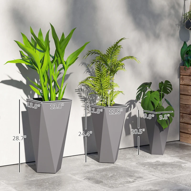 Outsunny Indoor Outdoor Planters Set of 3 MgO Tall Planters Stackable Flower Pots with Drainage Holes for Garden, Balcony, Alt Gray
