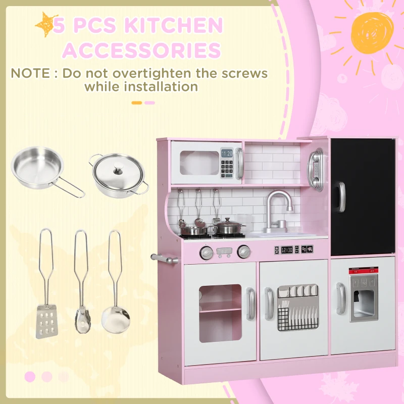 Qaba Pretend Play Kitchen, Kids Kitchen Playset with Play Phone, Chalkboard, Towel Rack & Ice Maker for 3-8 Years Pink