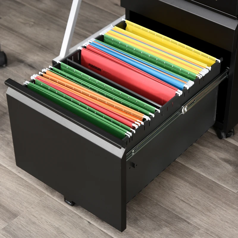 Vinsetto 3 Drawer Filing Cabinet, Lockable Office Storage Cabinet on Wheels for Legal, Letter, A4 Files, Black