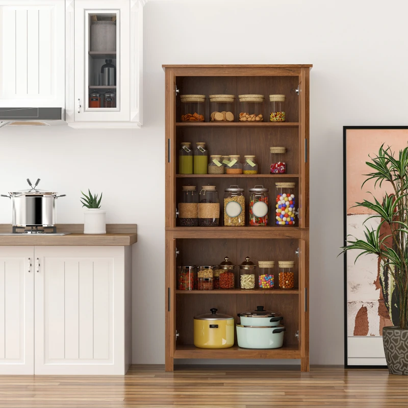 HOMCOM 64" 4-Door Kitchen Pantry, Freestanding Storage Cabinet with 3 Adjustable Shelves for Kitchen, Oak