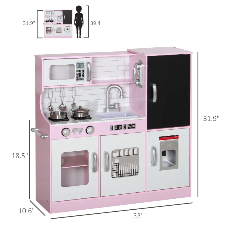 Qaba Pretend Play Kitchen, Kids Kitchen Playset with Play Phone, Chalkboard, Towel Rack & Ice Maker for 3-8 Years Pink