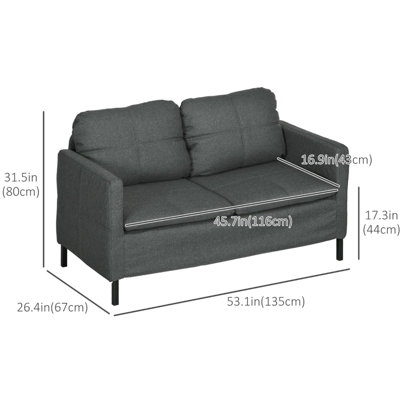 HOMCOM 53" 2 Seat Sofa, Upholstered Two Seater Couch with Sturdy Steel Legs for Bedroom, Living Room, Dark Grey