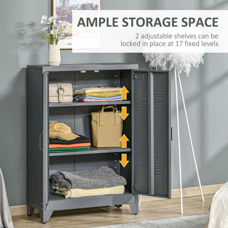 HOMCOM Industrial Storage Cabinet, Steel Garage Cabinet with Double Doors and Adjustable Shelves, Gray
