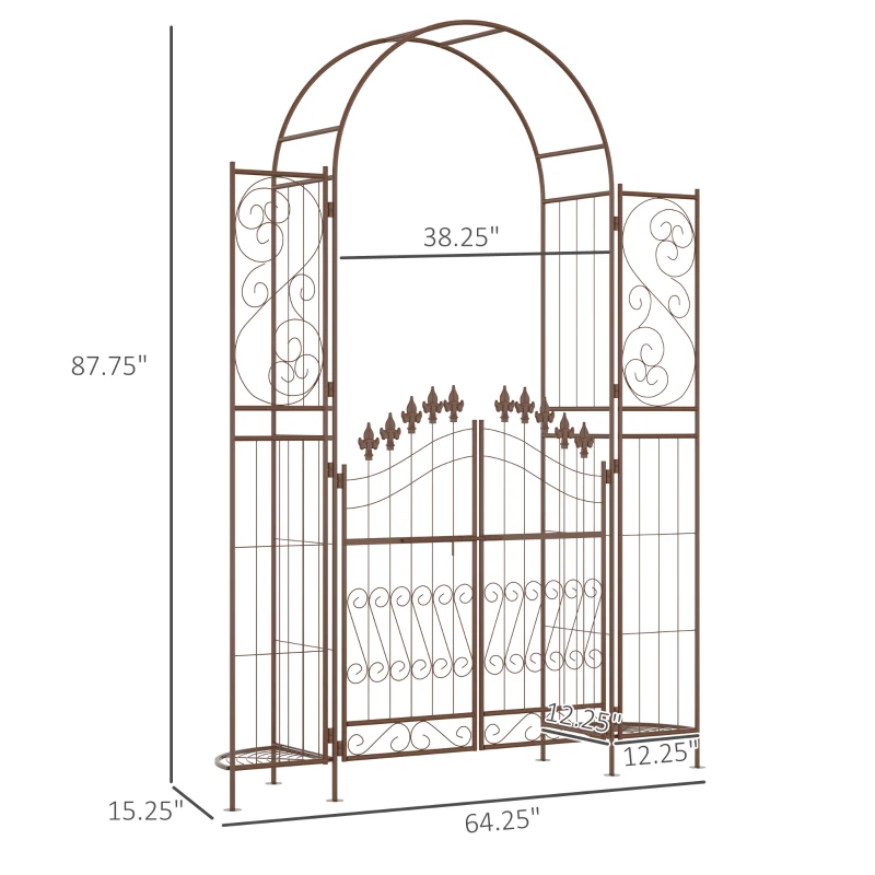 Outsunny 7' Metal Garden Arbor, Garden Arch with Gate, Fleur De Lis Motif, Latching Doors, Planter Shelves for Climbing Vines, Ceremony, Weddings, Party, Garden, Backyard, Lawn, Brown