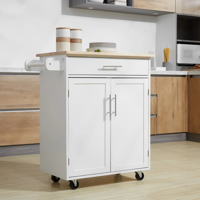 HOMCOM Kitchen Trolley Mobile Kitchen Island on Wheels Serving Cart Wooden Storage w/ Drawer and Towel Bar White