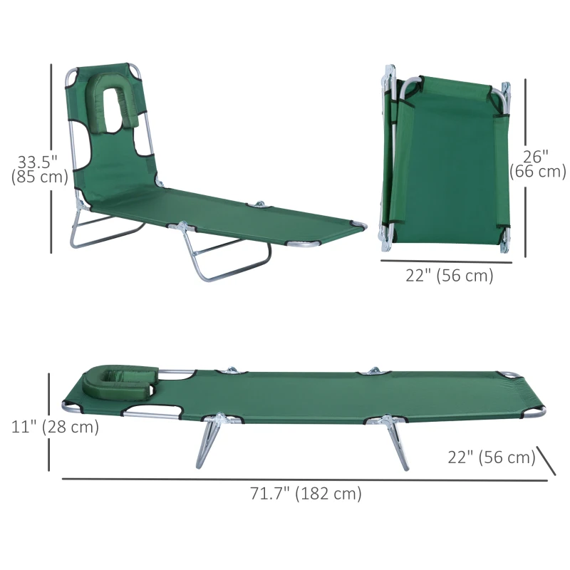 Outsunny Outdoor Lounge Chair, Adjustable Folding Chaise Lounge with Face Cavity, Tanning Chair Sun Lounger Bed Recliner, Green