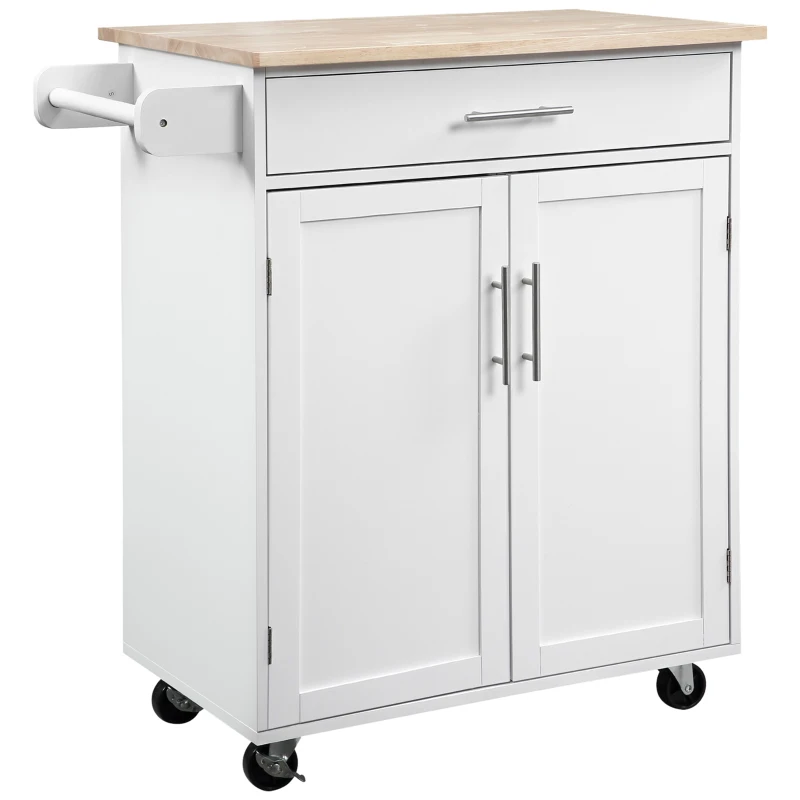 HOMCOM Kitchen Trolley Mobile Kitchen Island on Wheels Serving Cart Wooden Storage w/ Drawer and Towel Bar White