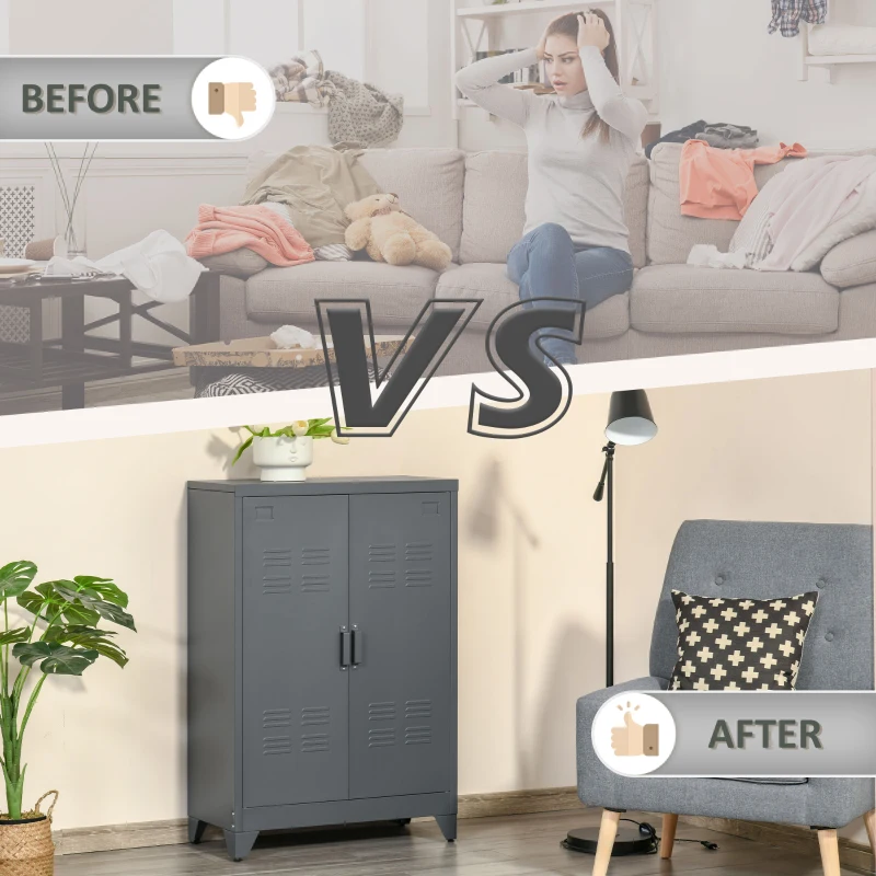 HOMCOM Industrial Storage Cabinet, Steel Garage Cabinet with Double Doors and Adjustable Shelves, Gray