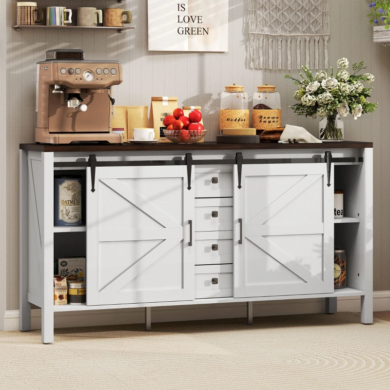 HOMCOM 59" Buffet Cabinet, Farmhouse Sideboard with Thick Top, 2 Barn Doors, 4 Drawers and 2 Adjustable Shelves, White