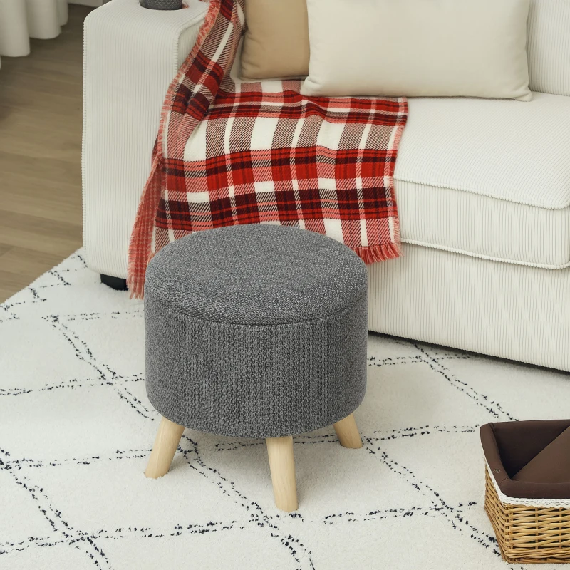 HOMCOM Round Ottoman Stool with Storage, Linen Upholstered Foot Stool with Padded Seat, Hidden Space and Wood Legs, Gray