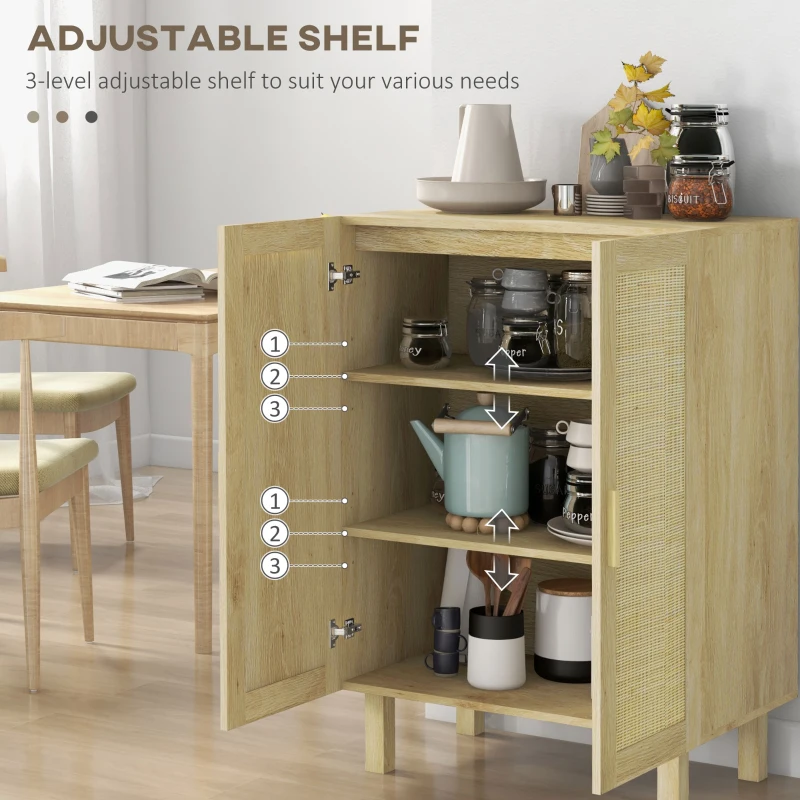 HOMCOM Boho Kitchen Cabinet, Buffet Cabinet with 2 Rattan Doors and Adjustable Shelves for Dining Room, Natural