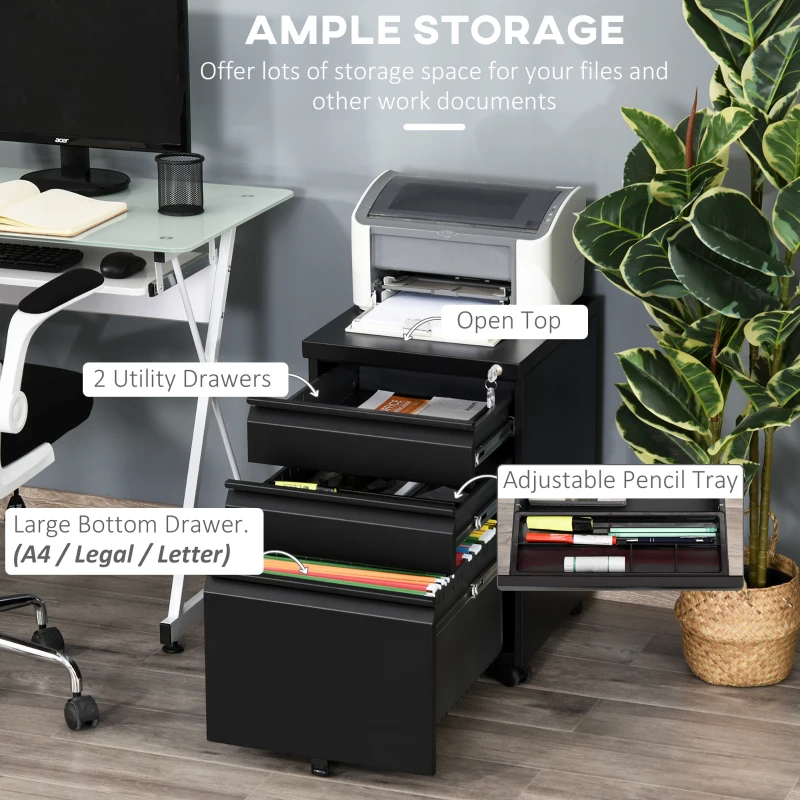 Vinsetto 3 Drawer Filing Cabinet, Lockable Office Storage Cabinet on Wheels for Legal, Letter, A4 Files, Black