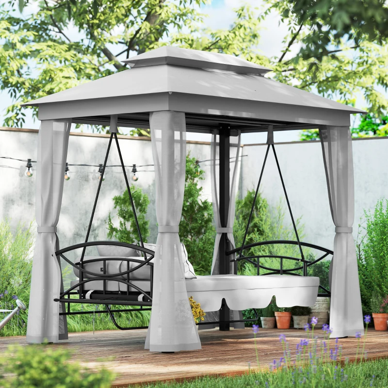 Outsunny 3 Person Outdoor Patio Daybed, 3 in 1 Canopy Gazebo Swing Chair Garden Hammock with Mesh Mosquito and Sun Shade, Grey