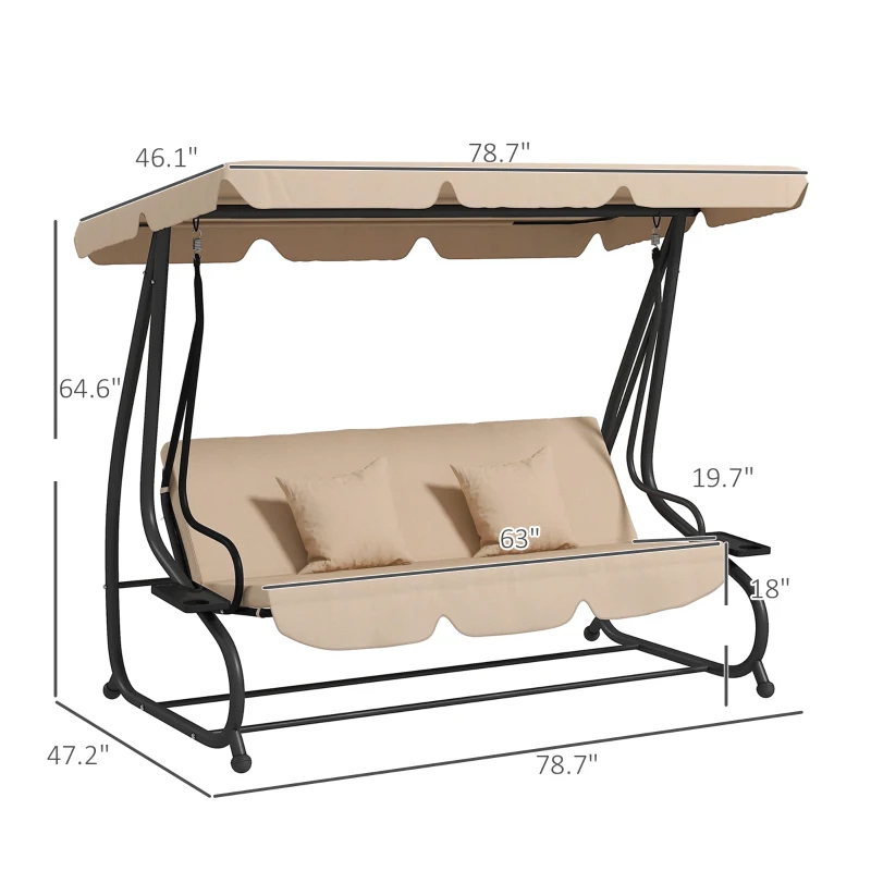 Outsunny Free Standing Swing Bench, Porch Swing with Stand, Adjustable Canopy, Cushion and Pillows, Ecru