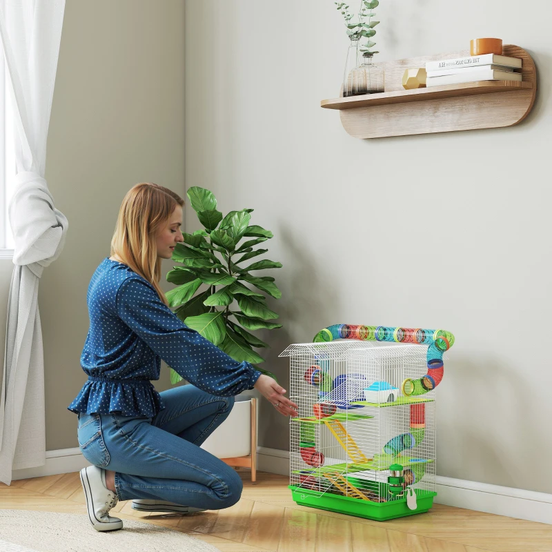 PawHut 18.5" Hamster Cage, 5 Tiers Small Animal House with Tunnel Tube System, Exercise Wheel, Water Bottle, Green